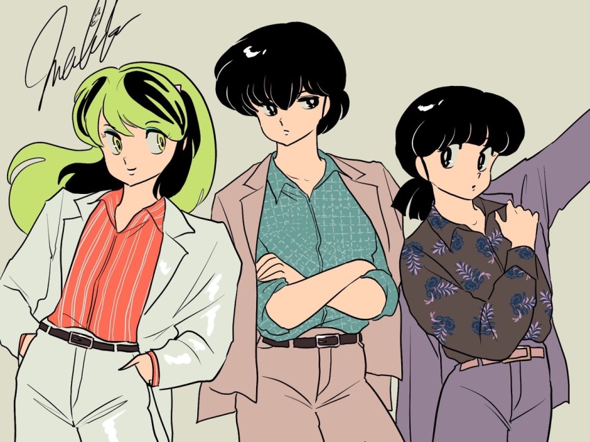 3girls arm_up belt black_eyes black_hair blue_pants blue_suit brown_pants brown_suit closed_mouth crossed_arms formal_clothes fujinami_ryuunosuke green_hair grey_background grey_pants grey_suit hands_in_pockets jacket long_hair looking_at_another lum mendako_da miyake_shinobu multiple_girls pants ponytail shirt short_hair signature simple_background smile suit suit_jacket urusei_yatsura yellow_eyes
