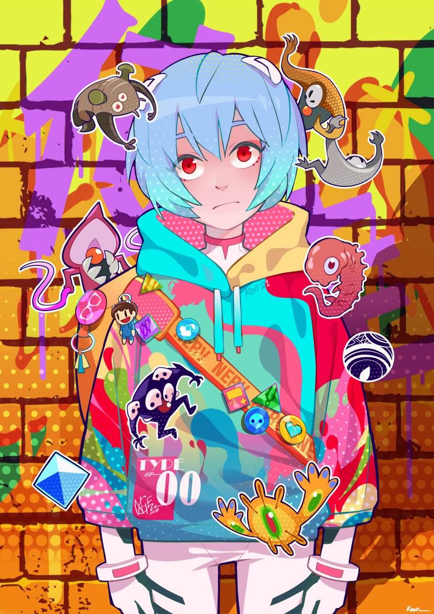 1girl absurdres adam_(evangelion) angel_(evangelion) ayanami_rei blue_hair bodysuit bodysuit_under_clothes closed_mouth graffiti highres hood hoodie ikari_shinji interface_headset_(evangelion) israfel_(evangelion) keenbiscuit leliel_(evangelion) mecha_pilot_suit multicolored_hoodie neon_genesis_evangelion nerv plugsuit_(evangelion) ramiel_(evangelion) red_eyes sachiel_(evangelion) sahaquiel_(evangelion) shamshel_(evangelion) short_hair wall white_bodysuit