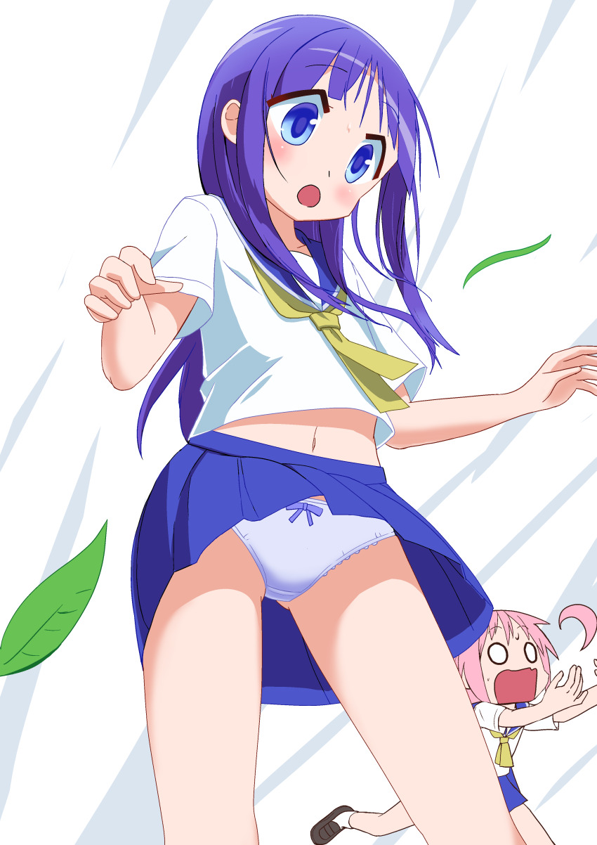 0_0 2girls absurdres black_shoes blue_eyes blue_sailor_collar blue_skirt bow bow_panties clothes_lift commentary_request highres hinata_yukari leaf long_hair mary_janes miniskirt multiple_girls neckerchief nonohara_yuzuko nyoki_naioki open_mouth panties pleated_skirt purple_hair sailor_collar school_uniform serafuku shirt shoes skirt skirt_lift solo sweatdrop thighs underwear white_background white_panties white_shirt wind wind_lift yellow_neckerchief yuyushiki yuyushiki&#039;s_school_uniform