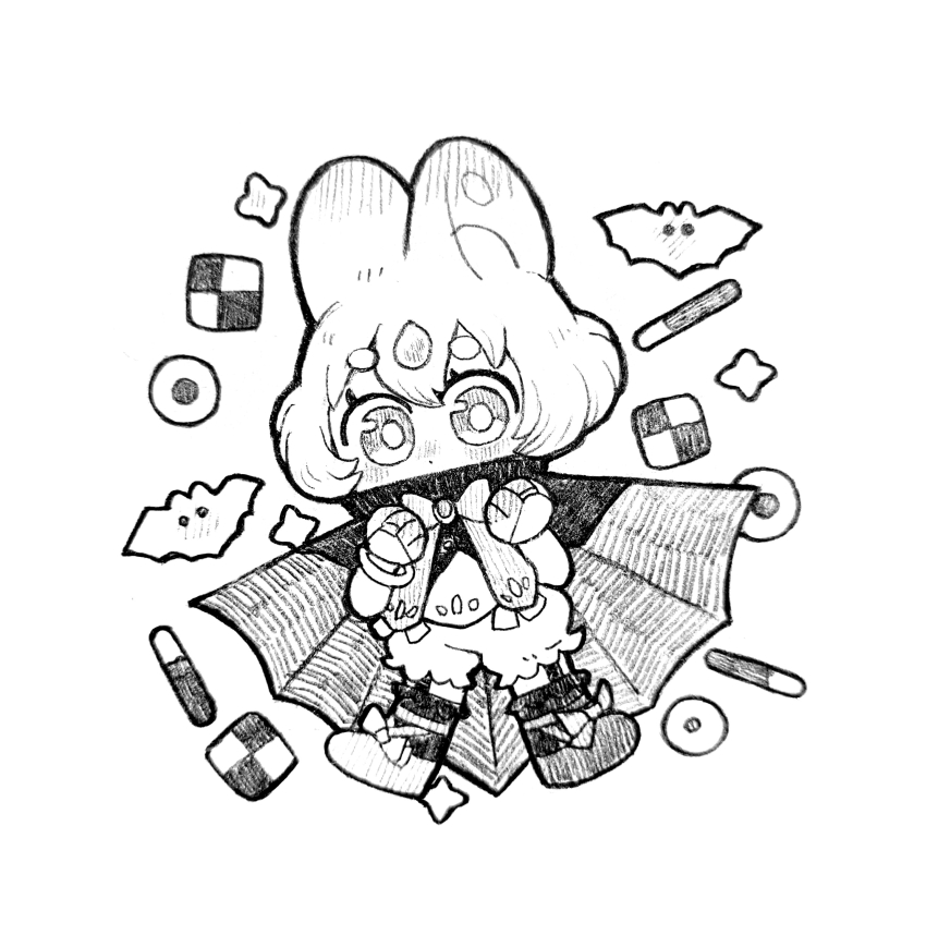 1girl absurdres blush bow bowtie bracelet bridal_gauntlets cantaurus chibi cloak commentary cookie covered_mouth dot_nose food footwear_bow forehead_jewel greyscale hair_between_eyes hair_horns hands_up hatching_(texture) highres jewelry looking_at_viewer magia_record:_mahou_shoujo_madoka_magica_gaiden magical_girl mahou_shoujo_madoka_magica medium_request monochrome puffy_shorts sawa_sudachi shoes short_hair shorts simple_background socks solo sparkle symbol-only_commentary thick_eyebrows white_background