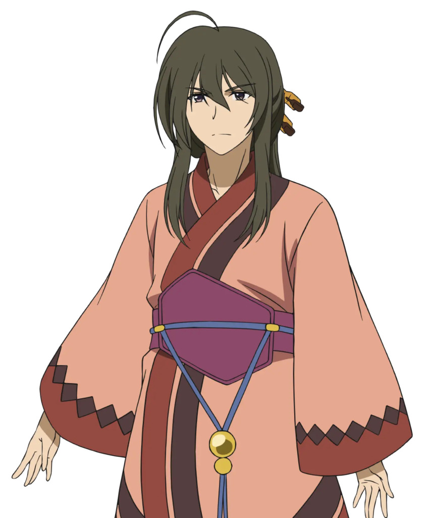 1boy ahoge aquaplus black_eyes brown_hair closed_mouth collarbone cowboy_shot hair_between_eyes hair_ornament highres long_hair long_sleeves nakata_masahiko official_art sidelocks solo standing transparent_background utawarerumono utawarerumono:_futari_no_hakuoro utawarerumono:_itsuwari_no_kamen white_fox_(company) wide_sleeves woshis