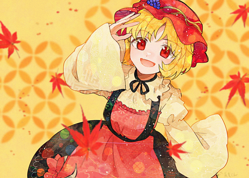 1girl aki_minoriko apron blonde_hair grape_hat_ornament hat itomugi-kun looking_at_viewer red_apron red_eyes red_hat shirt short_hair smile solo touhou wide_sleeves yellow_background yellow_shirt