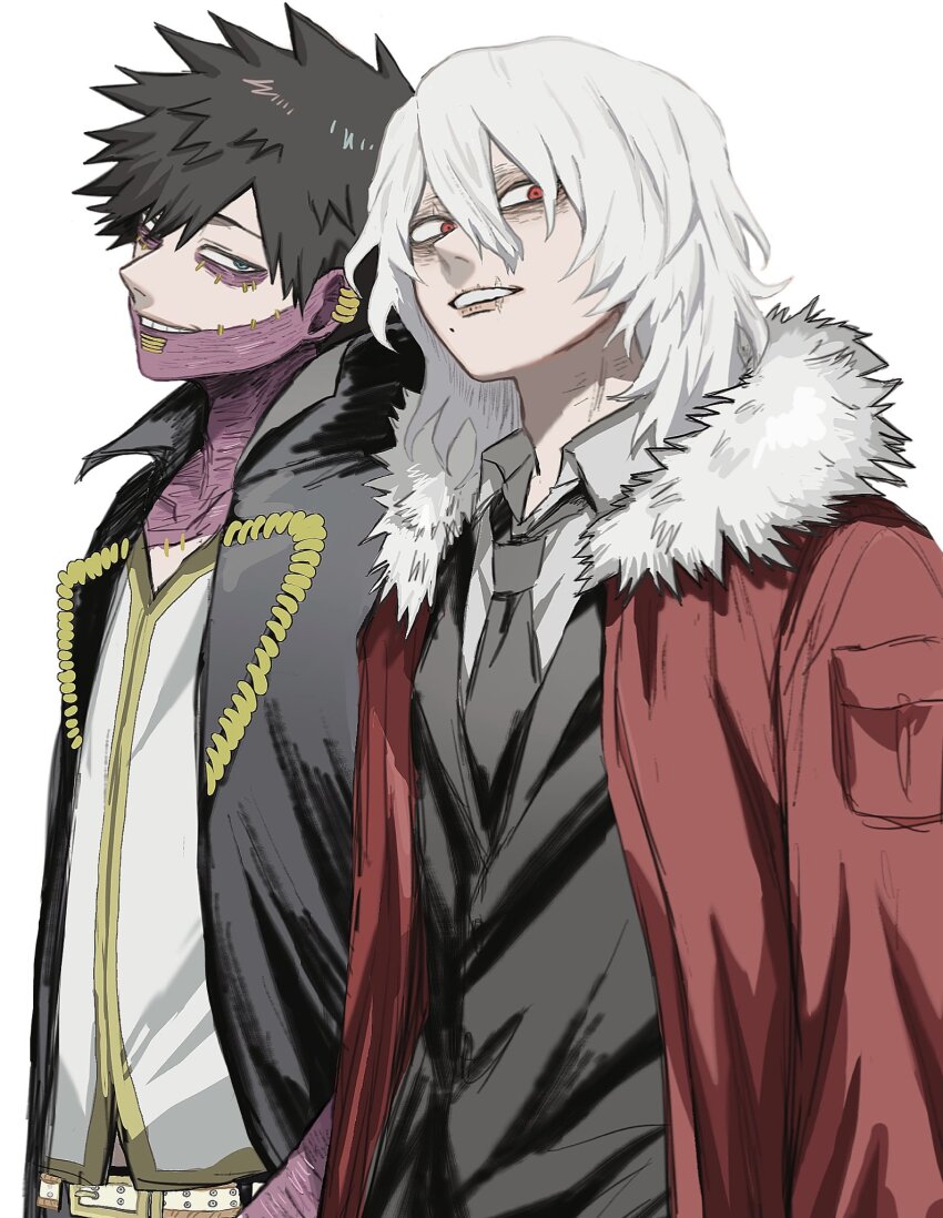 2boys ametaro_(ixxxzu) black_hair black_jacket black_necktie blue_eyes boku_no_hero_academia coat collared_shirt dabi_(boku_no_hero_academia) grin highres jacket looking_at_viewer male_focus medium_hair mole multiple_boys necktie red_coat red_eyes shigaraki_tomura shirt short_hair simple_background smile teeth upper_body white_background white_hair white_shirt