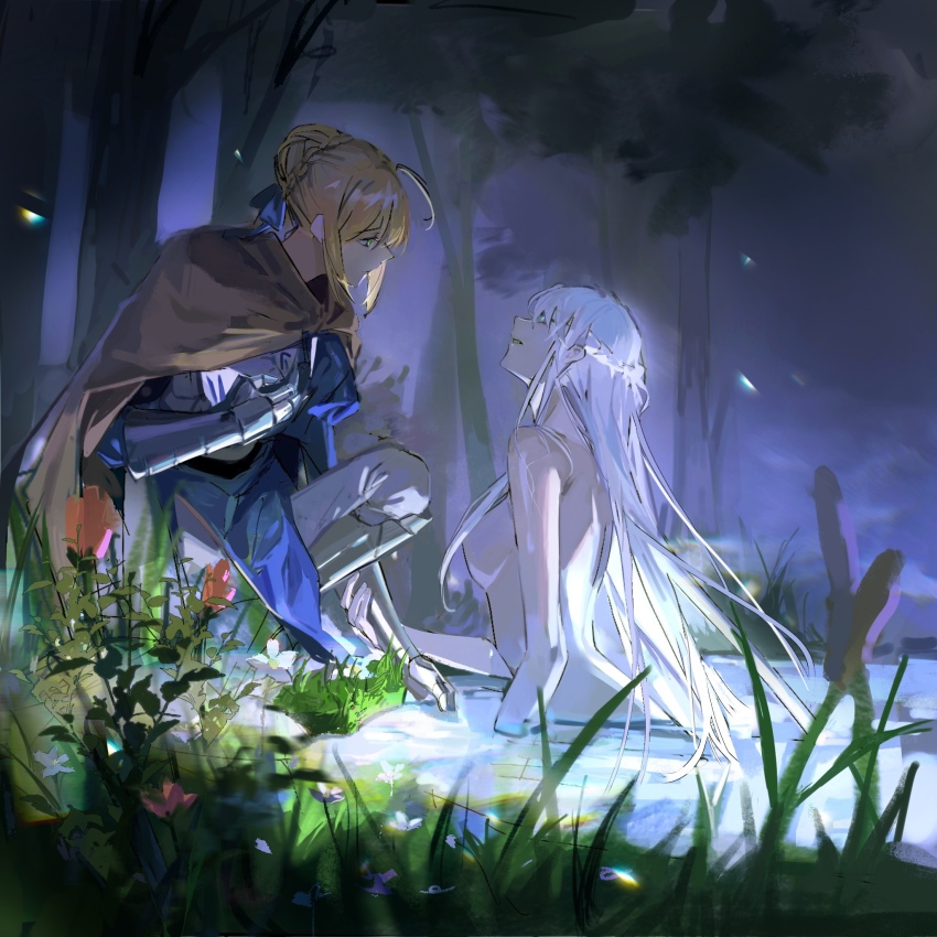 2girls ahoge armor armored_dress artoria_pendragon_(fate) blonde_hair blue_eyes braid braided_bun cloak clothed_female_nude_female commentary completely_nude dress english_commentary fate/grand_order fate/stay_night fate_(series) gauntlets green_eyes hair_bun hair_censor half_up_braid highres holding_another&#039;s_wrist hood hooded_cloak lady_of_the_lake long_hair morgan_le_fay_(fate) morgan_le_fay_(fate/apocrypha) moxiayuji multiple_girls nude partially_submerged saber_(fate) single_hair_bun white_hair