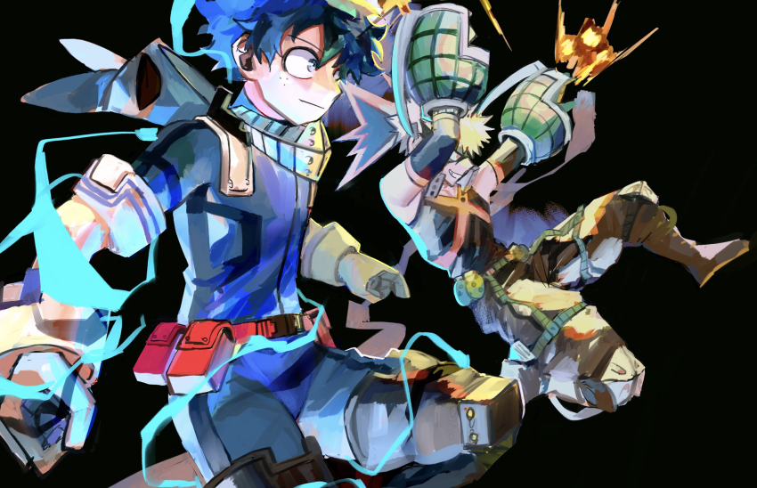 2boys arms_up baggy_pants bakugou_katsuki bare_shoulders belt belt_pouch black_background black_footwear black_pants blonde_hair blue_bodysuit blue_eyes blue_gloves blue_hair bodysuit boku_no_hero_academia buckle clenched_hand closed_mouth colored_shoe_soles detached_sleeves electricity explosion explosive eye_mask feet_out_of_frame freckles from_side gloves green_gloves grenade grin hair_between_eyes hands_up headgear highres knee_pads looking_ahead male_focus mask mask_around_neck midair midoriya_izuku mimisu mouth_mask multiple_boys no_pupils orange_gloves outstretched_arms outstretched_leg pants pose_request pouch profile red_belt red_eyes short_hair sideways_mouth simple_background sleeveless smile snap-fit_buckle spiked_hair tank_top two-tone_gloves utility_belt v-neck x