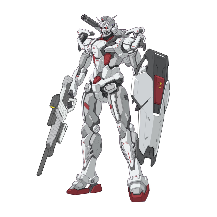 beam_rifle bmwsb0 commentary concept_art earth_federation energy_gun english_commentary gatling_gun gundam gundam_ex gundam_gquuuuuux gundam_requiem_for_vengeance highres holding holding_weapon logo machinery mecha mecha_focus mobile_suit no_humans original red_eyes redesign robot roundel science_fiction scope shield shoulder_cannon solo v-fin weapon white_background yamashita_ikuto_(style)