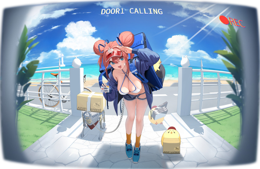 1girl absurdres artist_request azur_lane bicycle bikini bird blinking blue_eyes blue_jacket blue_shoes blue_shorts blue_sky blush box breasts cardboard_box chain closed_eyes closed_mouth cloud collarbone day double_bun fisheye gallant_(azur_lane) gallant_(express-ive_delivery)_(azur_lane) hair_bun hair_ribbon hanging_breasts highres holding_id_card horizon insulated_delivery_bag jacket large_breasts logo long_sleeves looking_at_viewer manjuu_(azur_lane) non-web_source ocean official_alternate_costume official_art open_clothes open_jacket open_mouth orange_socks pink_hair recording ribbon shoes short_shorts shorts sky smile sneakers socks standing sweat swimsuit viewfinder visor_cap water