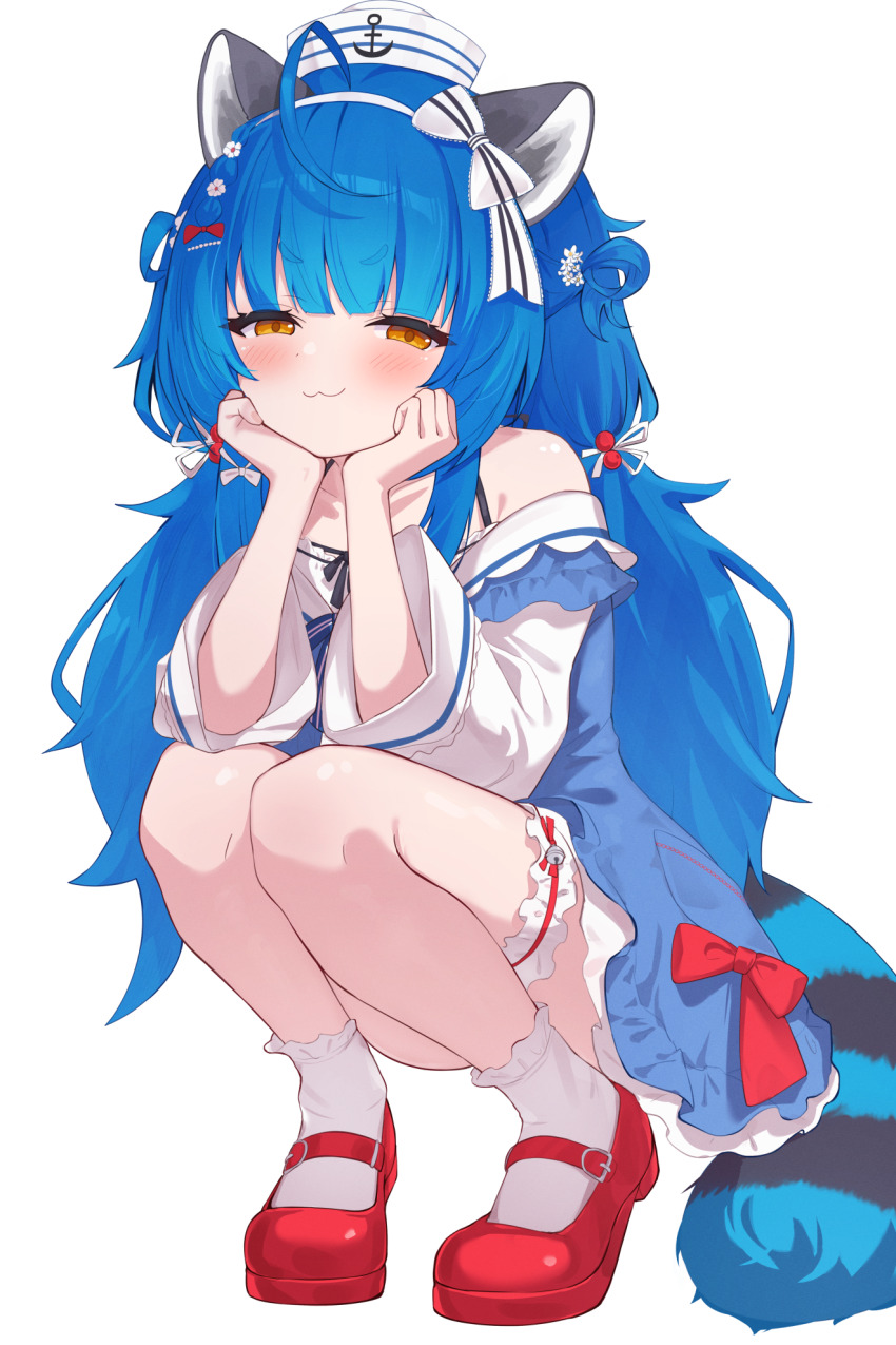1girl :3 ahoge animal_ears bare_shoulders bitseon black_tail blue_dress blue_hair blue_tail blunt_bangs blush bow chromashift closed_mouth collarbone dress flower frilled_socks frilled_thigh_strap frills full_body hair_bow hair_flower hair_ornament hairband half-closed_eyes hands_up hat head_on_hands head_rest highres layered_dress long_hair long_sleeves looking_at_viewer low_twintails mary_janes poko_rakun poko_rakun_(2nd_costume) red_bow red_shoes sailor_hat shoes short_eyebrows sidelocks simple_background sitting smile socks solo squatting striped_bow striped_tail tail thigh_strap twintails two-tone_tail two_side_up v-shaped_eyebrows very_long_hair virtual_youtuber white_background white_bow white_hairband white_hat white_sleeves white_socks yellow_eyes