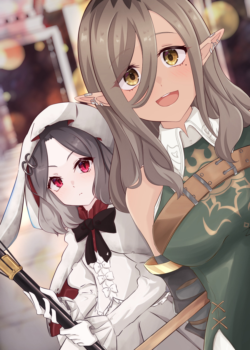 2girls black_bow black_bowtie bow bowtie breasts brown_eyes brown_hair commentary_request dress earclip ebizuka_tomo girls_band_cry girls_band_cry_rpg green_dress grey_hair hair_between_eyes highres hiroyasu_(torafuzame) hood hood_up juliet_sleeves large_breasts long_hair long_hair_between_eyes long_sleeves mole mole_under_eye multicolored_hair multiple_girls open_mouth pointy_ears puffy_sleeves red_eyes roots_(hair) rupa_(girls_band_cry) short_hair sidelocks teeth upper_teeth_only white_dress