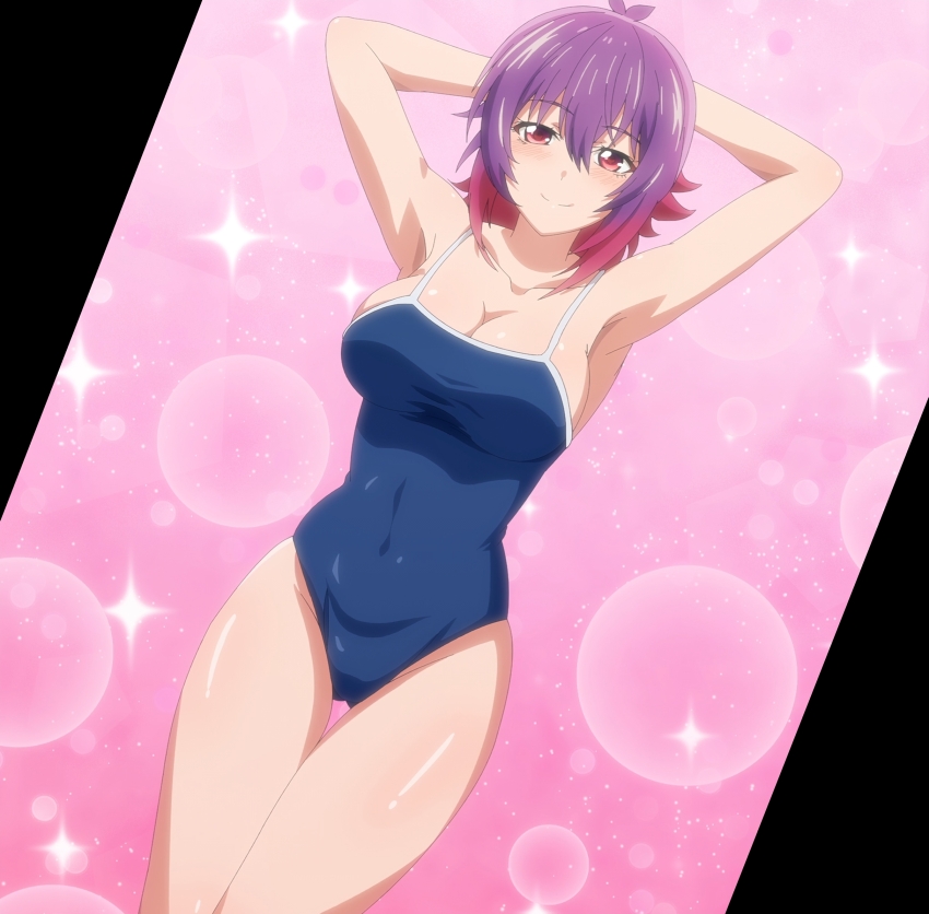 1girl alternate_breast_size anime_screenshot aoba_kurage armpits arms_behind_head breasts cleavage highres large_breasts looking_at_viewer multicolored_hair one-piece_swimsuit purple_hair red_eyes seductive_smile smile solo stitched swimsuit temple_(series) third-party_edit two-tone_hair