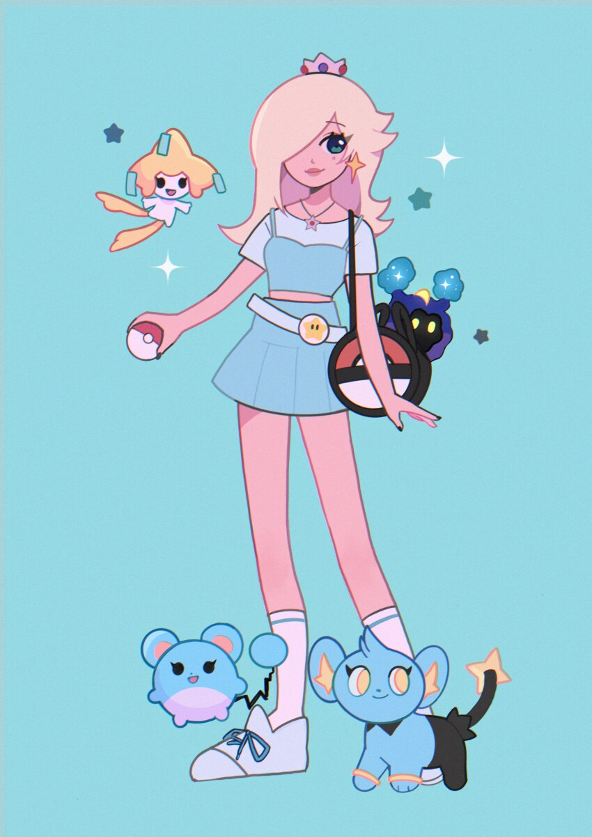 1girl absurdres alternate_costume blonde_hair blue_eyes blue_skirt closed_mouth commentary cosmog crossover crown earrings english_commentary gen_2_pokemon gen_3_pokemon gen_4_pokemon gen_7_pokemon hair_over_one_eye highres holding holding_poke_ball jewelry jirachi legendary_pokemon long_hair looking_at_viewer marill mario_(series) milkoe miniskirt mythical_pokemon necklace nintendo one_eye_covered poke_ball poke_ball_(basic) pokemon pokemon_(creature) rosalina shinx short_sleeves simple_background skirt smile socks sparkle standing star_(symbol) star_earrings star_necklace super_star_(mario) white_socks