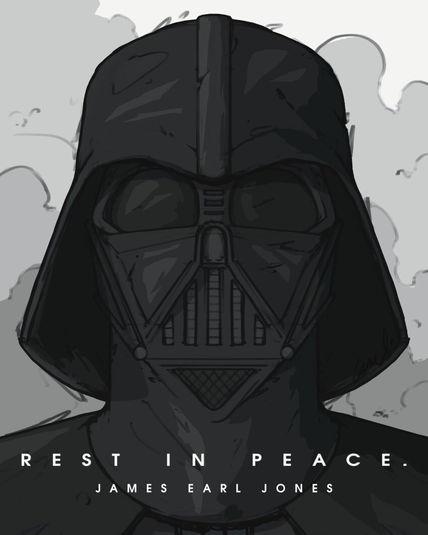 1boy commentary creedxdesign darth_vader english_commentary greyscale helmet highres james_earl_jones male_focus monochrome portrait rest_in_peace_(phrase) sith smoke solo star_wars