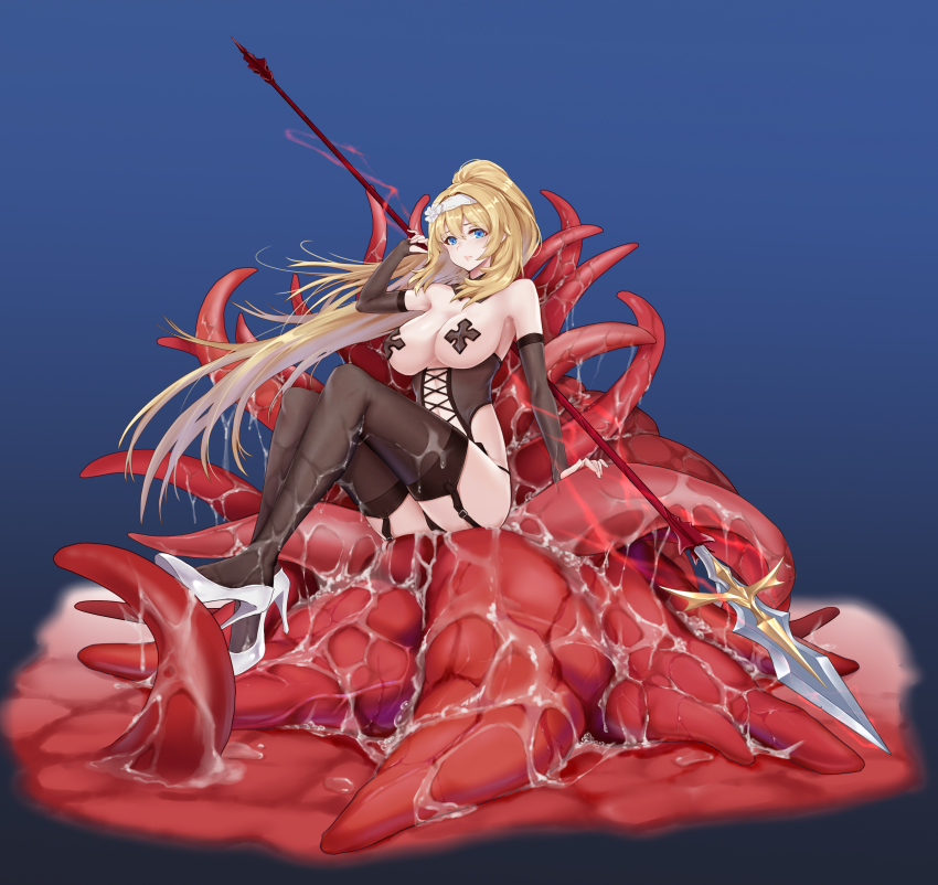 1girl absurdly_long_hair absurdres black_gloves black_thighhighs blonde_hair blue_eyes breasts bridal_gauntlets covered_erect_nipples cross cross_pasties duke_of_york_(warship_girls_r) elbow_gloves garter_straps gloves hairband hei_ling high_heels highres large_breasts long_hair pasties ponytail pumps shoes sitting solo stiletto_heels tentacles thighhighs very_long_hair warship_girls_r white_hairband white_shoes
