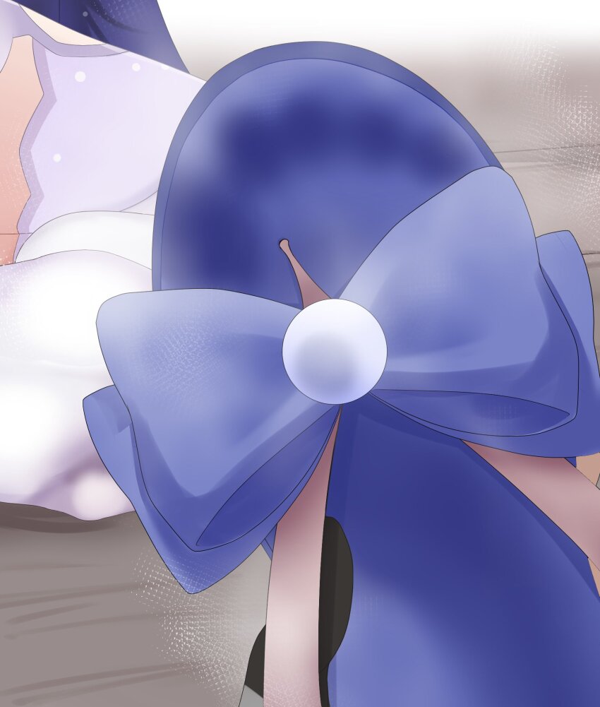 1girl 1other bell_(bell_krnfakh) blue_bow blue_sandals bow character_request check_character check_copyright copyright_request flip-flops footprints footwear_focus genshin_impact highres holding holding_sandals no_shoes pov sandals sangonomiya_kokomi smell soles thighhighs unworn_sandals white_thighhighs wooden_floor