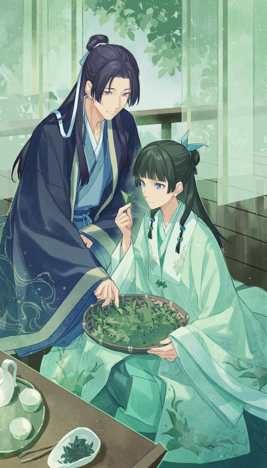 1boy 1girl absurdres blue_eyes bowl chinese_clothes cup curtains hair_bun half_updo hanfu highres holding holding_bowl holding_leaf jinshi_(kusuriya_no_hitorigoto) kusuriya_no_hitorigoto leaf long_sleeves maomao_(kusuriya_no_hitorigoto) parted_lips purple_eyes purple_hair see-through_curtains smile teacup tsubsa_syaoin wide_sleeves wooden_floor