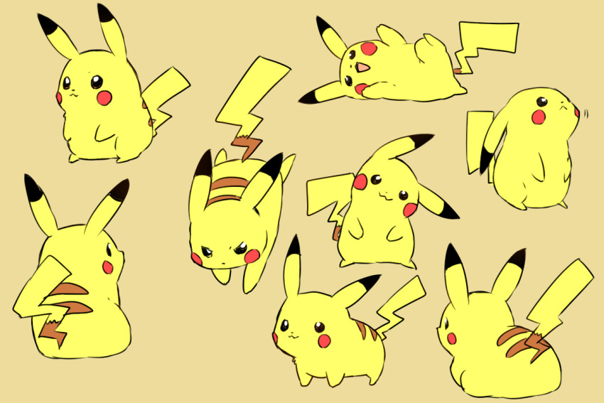 :3 :d black_eyes blush_stickers creature full_body gen_1_pokemon head_tilt looking_at_viewer lying mizuto_(o96ap) nintendo no_humans on_side open_mouth pikachu pokemon pokemon_(creature) simple_background sitting smile standing too_many too_many_pikachu yellow_theme