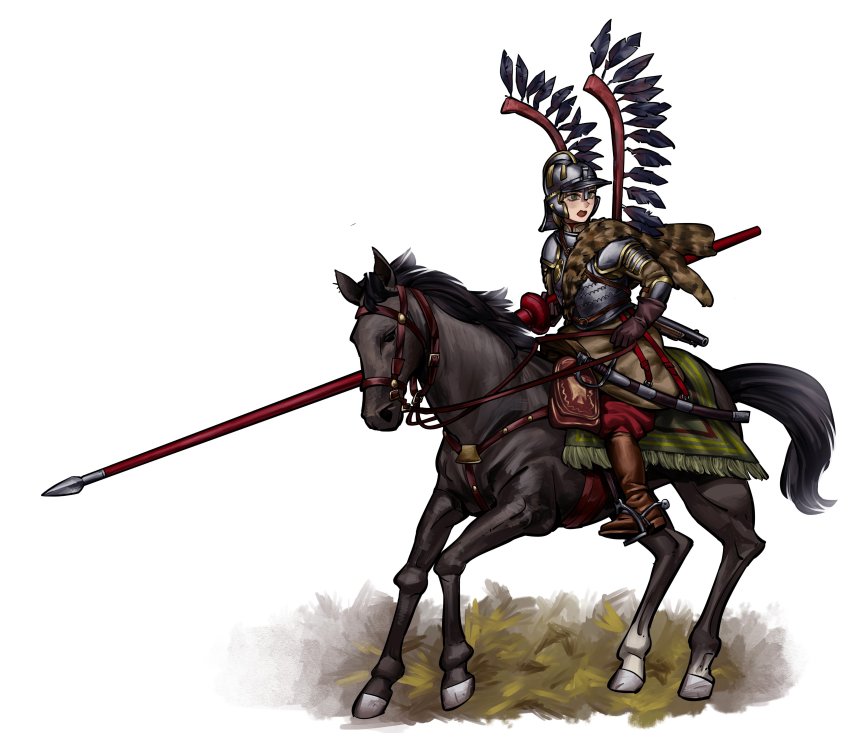 1girl :o absurdres armor black_horse boots brown_boots cavalry commission full_body gauntlets grass green_eyes helmet highres holding holding_polearm holding_weapon horseback_riding open_mouth original polearm remora25 riding saber_(weapon) sheath sheathed simple_background solo spear sword weapon white_background winged_hussar