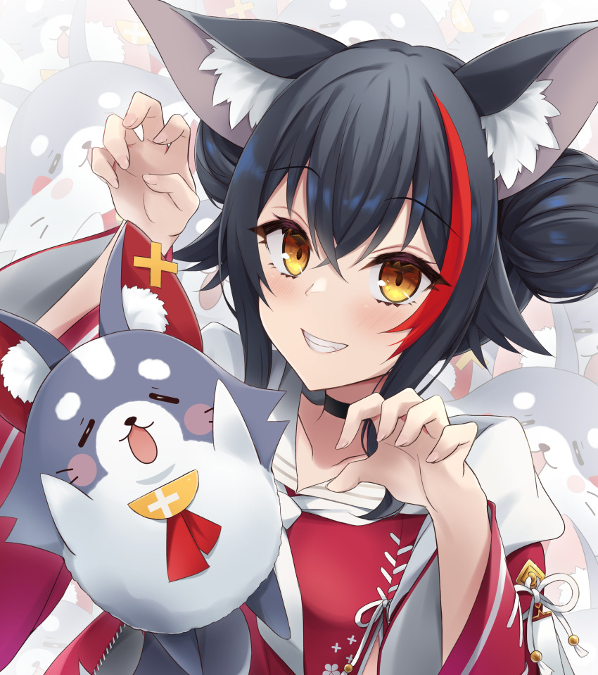 1girl absurdres animal_ear_fluff animal_ears black_choker black_hair blush blush_stickers brooch character_background chibi choker claw_pose closed_eyes closed_mouth collarbone commentary_request double_bun facial_mark hair_between_eyes hair_bun highres hololive jewelry long_sidelocks long_sleeves looking_at_viewer miofa_(ookami_mio) multicolored_hair neckerchief official_alternate_costume official_alternate_hairstyle ookami_mio ookami_mio_(another_ookami_mio) sidelocks streaked_hair tf_(tfx2) upper_body virtual_youtuber whisker_markings white_neckerchief wolf_ears wolf_girl yellow_eyes