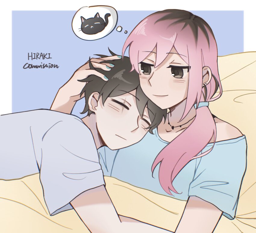 1boy 1girl ^_^ aged_up alternate_hairstyle animal aoihiraki artist_name aubrey_(faraway)_(omori) aubrey_(omori) bare_arms black_cat black_eyes black_hair blue_background blue_nails blue_shirt border bra_strap cat chromatic_aberration closed_eyes closed_mouth collarbone commentary commission double-parted_bangs earrings english_commentary flat_chest grey_shirt hair_behind_ear hair_between_eyes hair_over_shoulder hair_tie hand_on_another&#039;s_head hand_up head_on_another&#039;s_shoulder head_on_pillow head_rest highres hug image_in_thought_bubble jewelry jitome light_frown long_hair looking_at_another low_side_ponytail mewo multicolored_hair nail_polish necklace omori outside_border pillow pink_hair roots_(hair) scar scar_across_eye scar_on_face shirt short_hair short_sleeves side_ponytail simple_background single_bare_shoulder single_off_shoulder smile streaked_hair sunny_(omori) t-shirt two-tone_hair under_covers upper_body very_short_hair white_border
