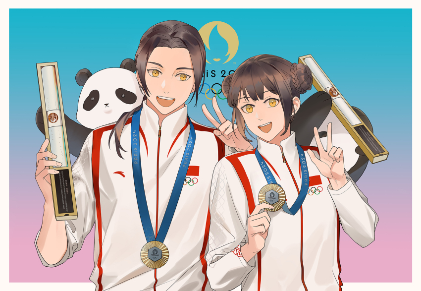 1boy 1girl 2020_summer_olympics animal animal_ears axis_powers_hetalia blue_background border brown_hair china_(female)_(hetalia) china_(hetalia) commentary_request double_bun dual_persona genderswap genderswap_(mtf) gold_medal gradient_background hair_bun hands_up highres holding holding_medal jacket jingtianruoling long_hair long_sleeves looking_at_viewer low_ponytail medal olympics open_mouth outside_border panda panda_ears pink_background ponytail short_hair sidelocks smile teeth track_jacket two-tone_background w white_border white_jacket yellow_eyes zipper