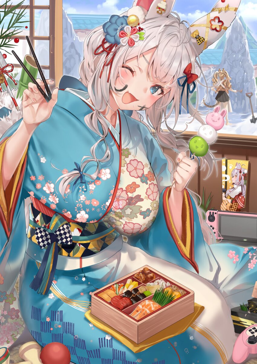 3girls :d absurdres animal_ears bento blonde_hair blue_eyes blue_kimono blue_ribbon blush bow breasts character_request chopsticks controller dumpling facial_mark fang floral_print floral_print_kimono flower food food_request game_controller hair_bow hair_flower hair_ornament hair_ribbon handheld_game_console hands_up head_tilt highres holding holding_chopsticks indie_virtual_youtuber indoors japanese_clothes kendama kimono kintsuba_detama large_breasts long_hair long_sidelocks looking_at_viewer multiple_girls obi one_eye_closed open_mouth outdoors print_kimono rabbit_ears rabbit_girl raised_eyebrows red_bow red_ribbon ribbon sash seiza shimofuri shovel sidelocks sitting skin_fang sky smile snow solo_focus standing twintails virtual_youtuber white_hair wide_sleeves