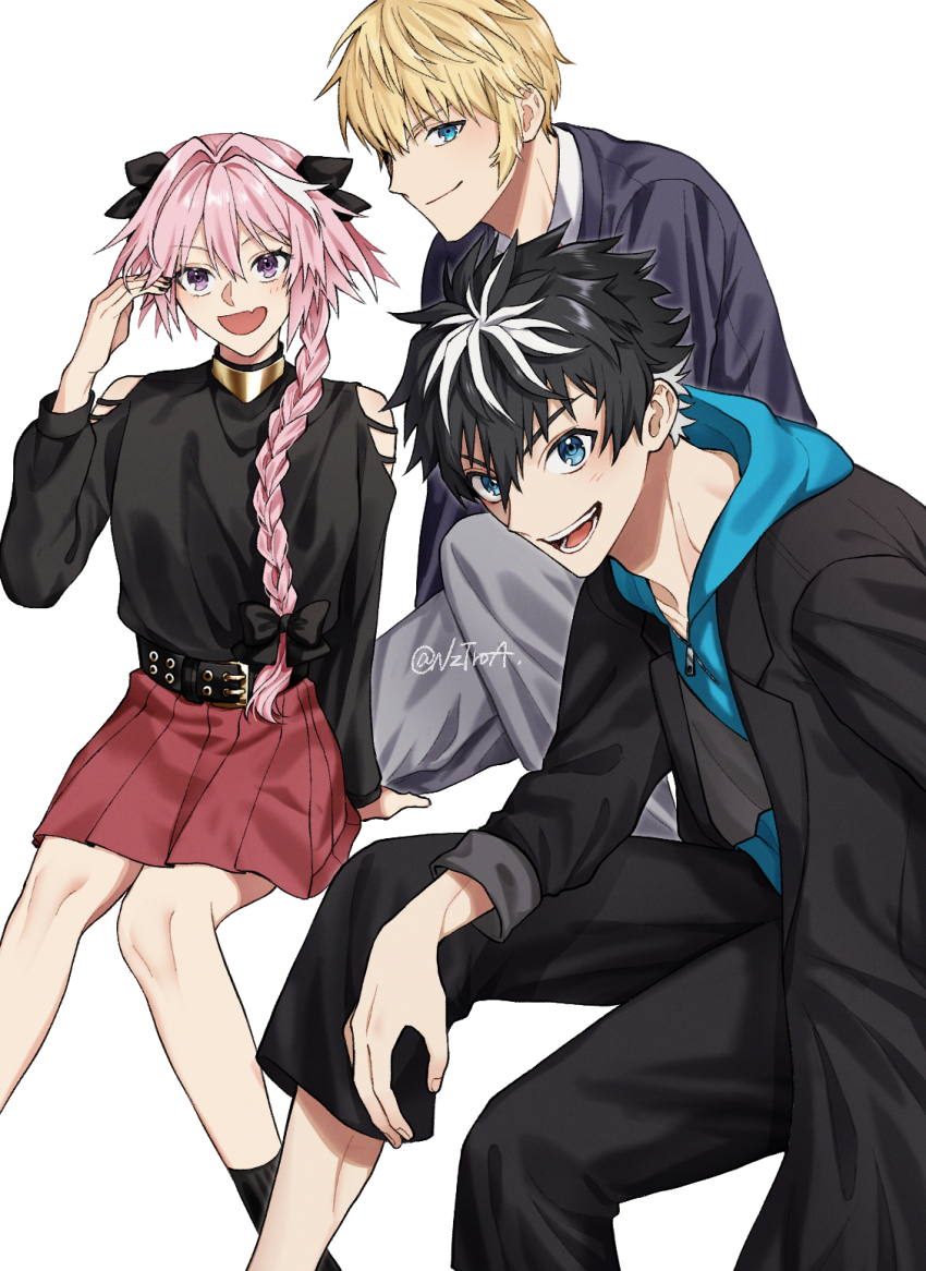 3boys :d astolfo_(fate) belt black_belt black_bow black_hair black_jacket black_nails black_pants black_socks black_sweater blue_eyes blue_hoodie bow charlemagne_(fate) closed_mouth fang fate/grand_order fate_(series) full_body grey_jacket hair_bow hand_up highres hood hood_down hoodie invisible_chair jacket jacket_over_hoodie leaning_forward light_blush long_braid long_sleeves looking_at_viewer male_focus multicolored_hair multiple_boys nazutaro open_mouth pants pink_hair purple_eyes red_skirt roland_(fate) short_hair short_hair_with_long_locks sideburns simple_background sitting skin_fang skirt smile socks streaked_hair sweater trap white_background white_hair