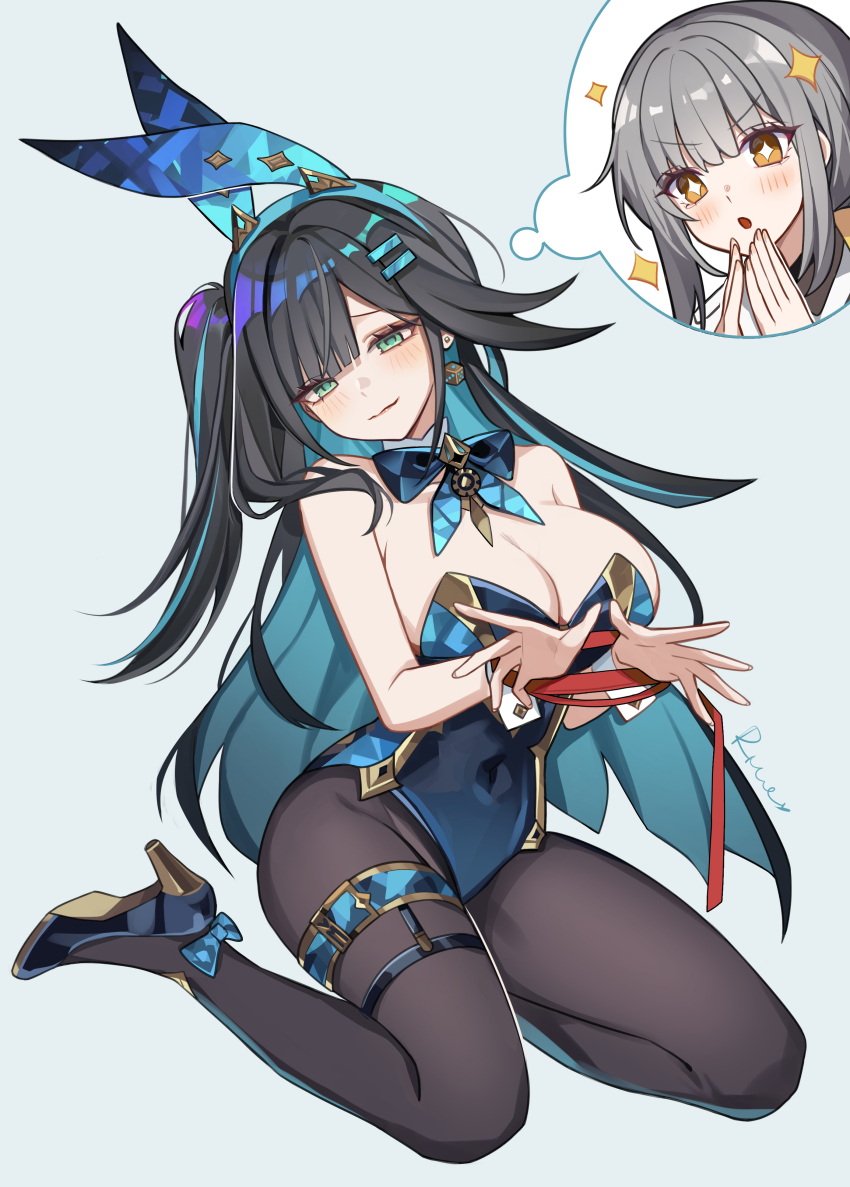 2girls abigail_(black_survival) abigail_(poker_face)_(black_survival) absurdres animal_ears bare_shoulders black_shoes black_survival blue_hair blue_leotard bound bound_wrists bow bowtie breasts brown_leotard brown_pantyhose cleavage closed_mouth colored_inner_hair covered_navel detached_collar dr._nadja embarrassed eternal_return:_black_survival fake_animal_ears green_eyes hairband high_heels highres jewelry large_breasts leotard long_hair looking_at_viewer multicolored_hair multiple_girls official_alternate_costume one_side_up pantyhose playboy_bunny rabbit_ears shoes sitting smile solo_focus speech_bubble strapless strapless_leotard streaked_hair thighlet thighs thought_bubble tianqing_mw very_long_hair wavy_mouth wrist_cuffs