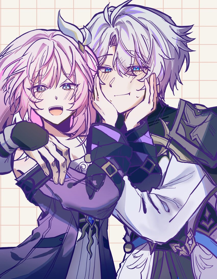 1boy 1girl 2875_ple ahoge blue_eyes coat commission couple cyrene_(honkai:_star_rail) dress grid_background hair_ornament hand_on_another&#039;s_cheek hand_on_another&#039;s_face hashtag-only_commentary hetero highres honkai:_star_rail honkai_(series) looking_at_viewer open_mouth phainon_(honkai:_star_rail) pink_hair purple_coat short_hair smile white_coat white_dress white_hair