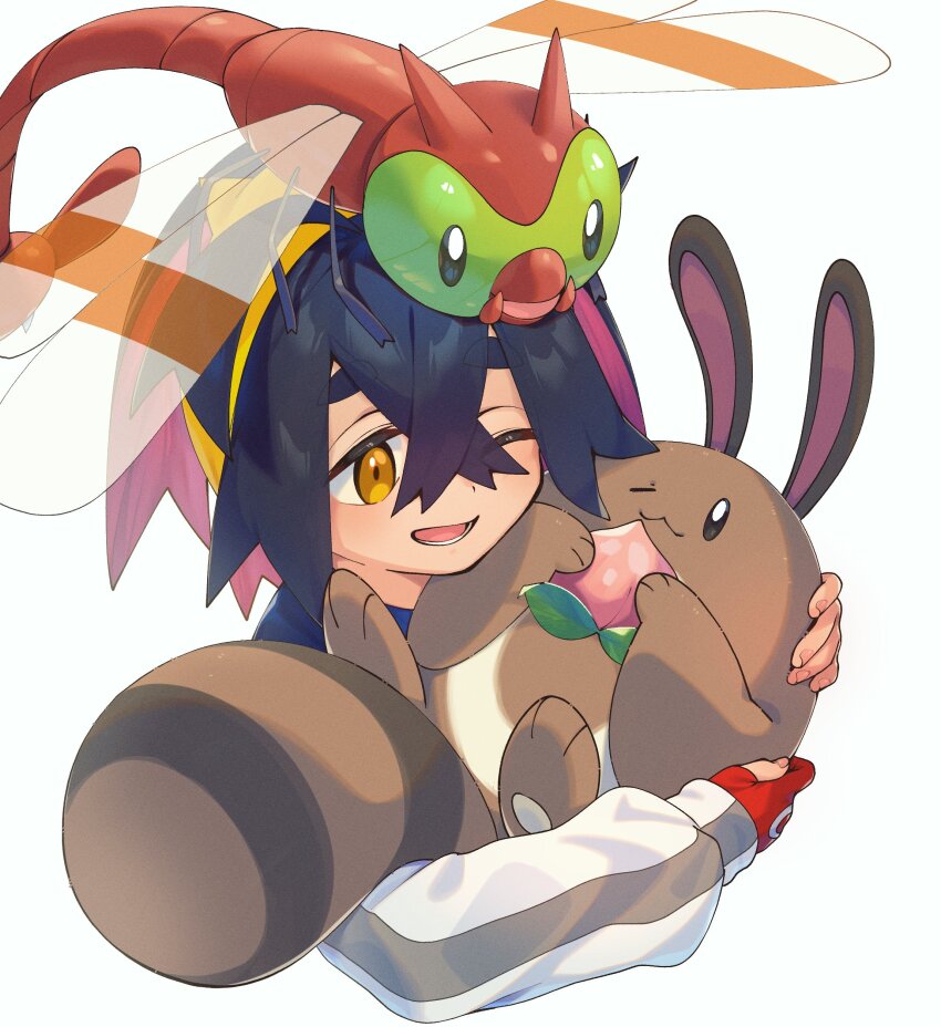 1boy ;d absurdres berry_(pokemon) black_hair commentary_request crossed_bangs gen_2_pokemon gloves hair_between_eyes hairband highres holding holding_pokemon jacket kieran_(pokemon) lower_teeth_only male_focus nintendo on_head one_eye_closed open_mouth orange_eyes partially_fingerless_gloves pokemon pokemon_(creature) pokemon_on_head pokemon_sv red_gloves sentret short_hair simple_background single_glove smile teeth tongue white_background white_jacket yanma yellow_hairband yupiteru