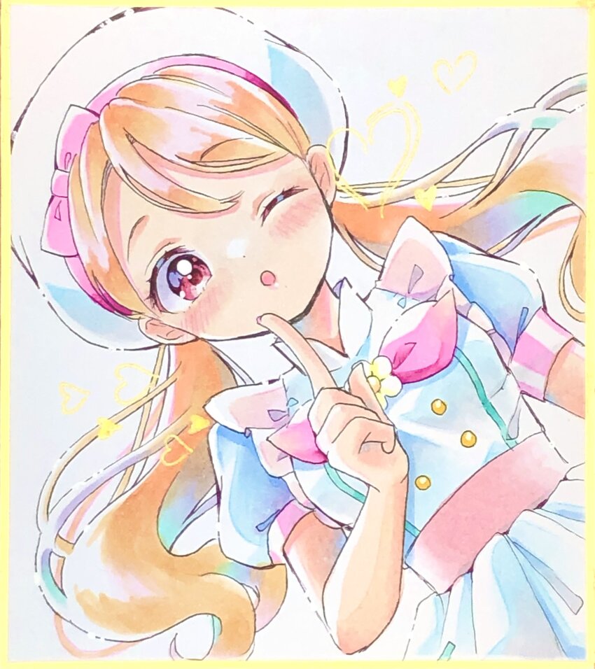 1girl absurdres apron arm_up blush border bow commentary_request dress flower_brooch hat hat_bow heart highres index_finger_raised kirakira_patisserie_uniform kirakira_precure_a_la_mode lilylily0601 long_hair magical_girl one_eye_closed open_mouth orange_hair precure puffy_sleeves red_eyes short_sleeves solo twintails usami_ichika white_background white_hat yellow_border