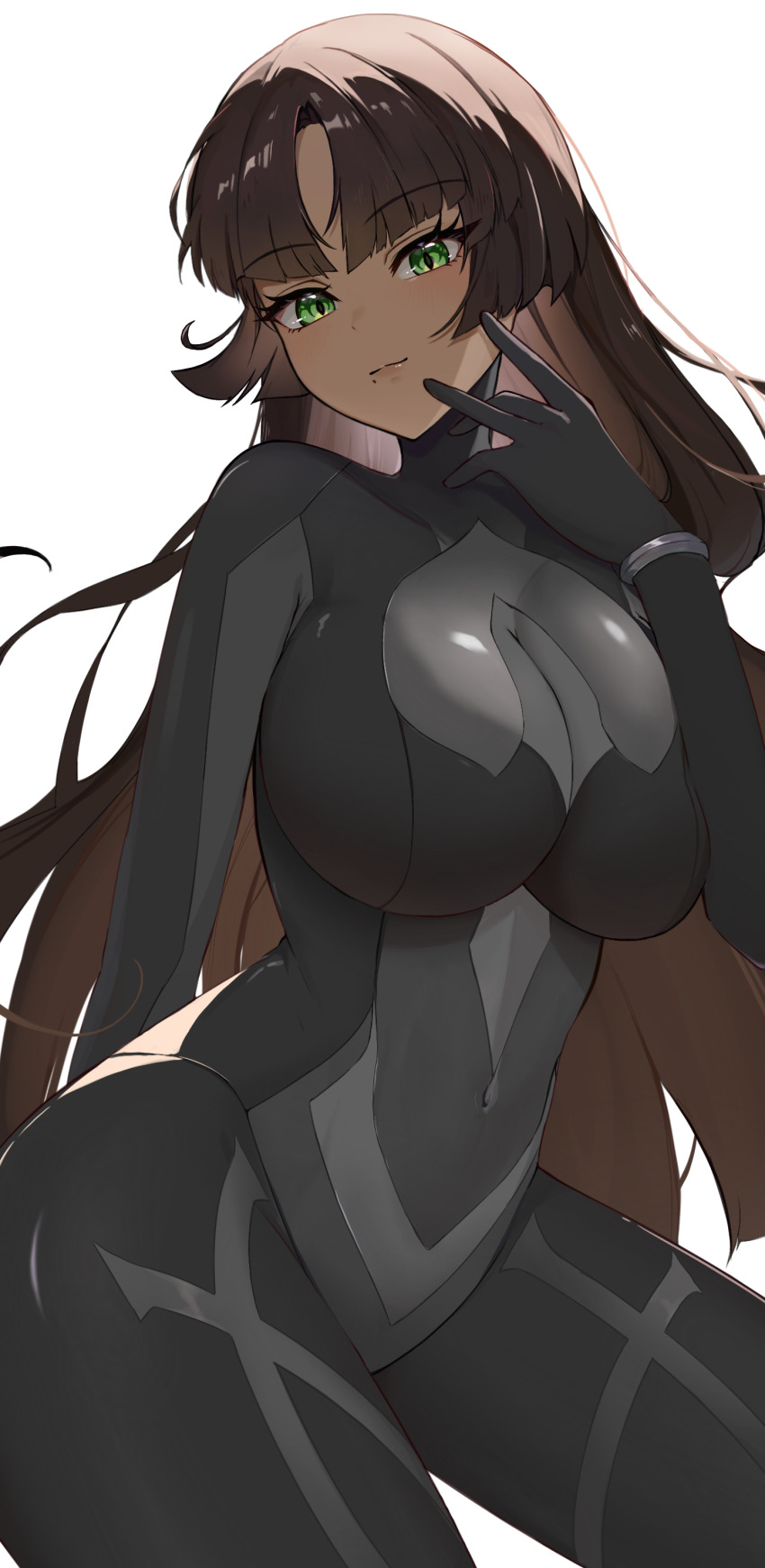 1girl absurdres black_bodysuit black_hair bodysuit breasts closed_mouth commission covered_navel curvy dark-skinned_female dark_skin felicia_castro green_eyes hand_up highres hime_cut huge_breasts impossible_clothes long_hair looking_at_viewer mole mole_under_mouth simple_background skin_tight smile solo standing tatakau_ni_atai_suru tumugi_sunohara white_background
