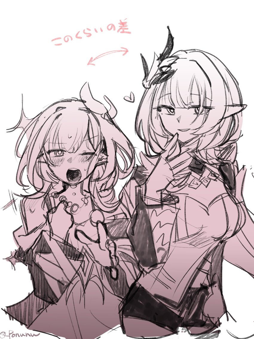 2girls absurdres breasts commentary_request company_connection corset cyrene_(aedes_elysiae)_(honkai:_star_rail) cyrene_(honkai:_star_rail) dress elf elysia_(honkai_impact) elysia_(miss_pink_elf)_(honkai_impact) greyscale hair_ornament highres honkai:_star_rail honkai_(series) honkai_impact_3rd inoue_marina large_breasts long_hair monochrome multiple_girls one_eye_closed parted_lips pointy_ears ponunu short_hair shorts shrug_(clothing) small_breasts translation_request twitter_username very_long_hair voice_actor_connection yanning