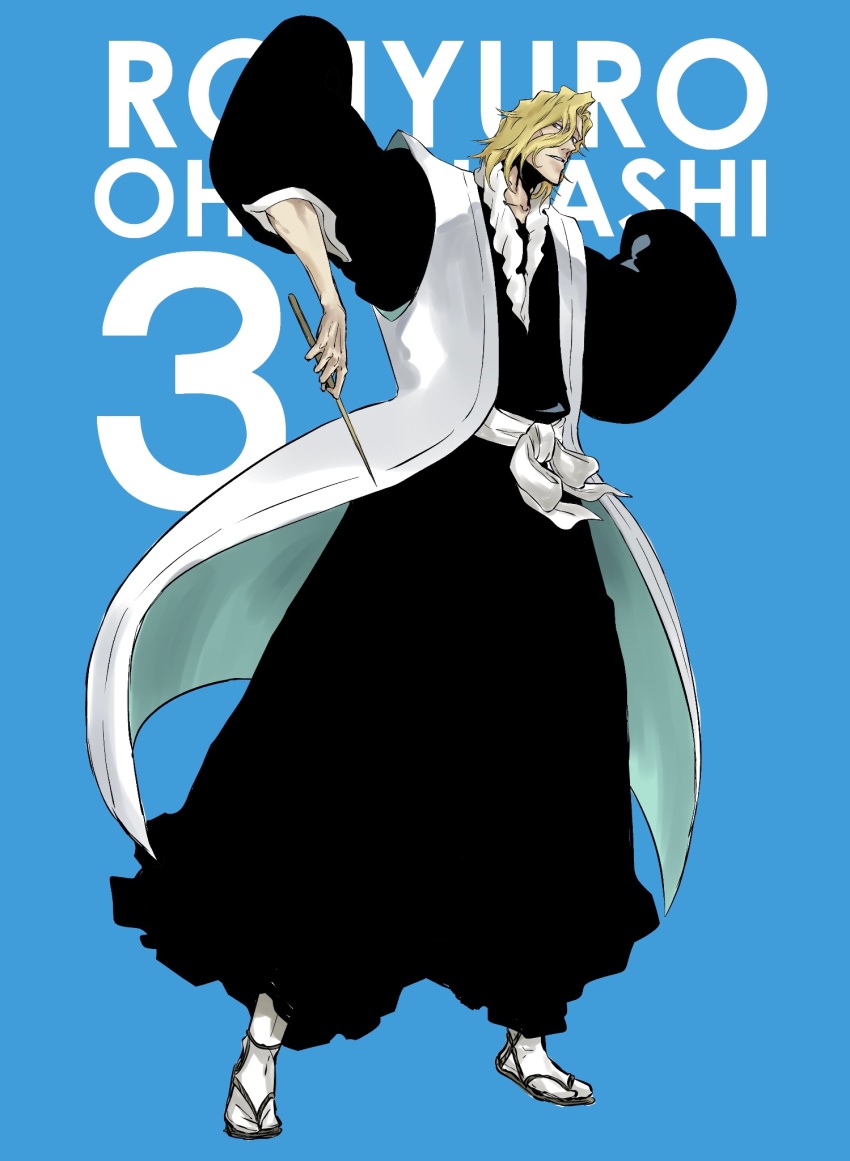 1boy conductor_baton black_hakama black_kimono bleach bleach:_sennen_kessen-hen blonde_hair blue_background character_name full_body hair_between_eyes hakama haori highres holding japanese_clothes kimono long_bangs long_sleeves male_focus medium_hair mitu_hide43 official_style ootoribashi_roujuurou sash solo taichou_haori white_sash wide_sleeves