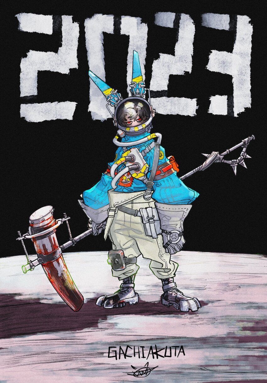 1boy 2023 animal_ears bag belt_pouch chinese_zodiac copyright_name covered_mouth dated fake_animal_ears gachiakuta gloves grey_gloves hammer helmet highres holding holding_hammer holding_weapon looking_at_viewer mechanical_ears official_art patchwork_clothes pouch rabbit_ears red_eyes rudo_surebrec satchel shadow short_hair solo space_helmet standing suspenders suspenders_slip urana_kei weapon year_of_the_rabbit