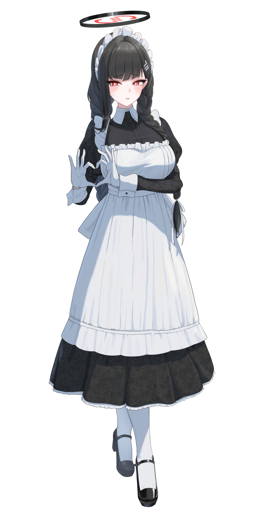 1girl absurdres alternate_hairstyle black_shoes blue_archive braid breasts commentary_request full_body furrowed_brow hair_ornament hairclip halo heart heart_hands highres large_breasts long_hair long_sleeves looking_at_viewer maid maid_headdress parted_lips pige_pig red_eyes rio_(blue_archive) shoes simple_background socks solo standing twin_braids white_background white_socks wrist_cuffs