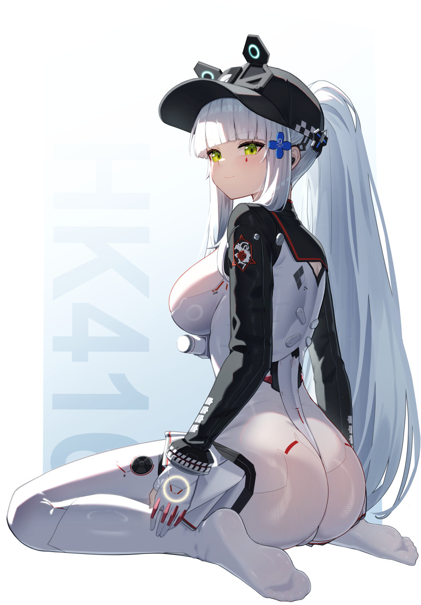 1girl absurdres ass baseball_cap black_bodysuit black_hat bodysuit breasts closed_mouth covenant_halo_(girls&#039;_frontline_2) cross_hair_ornament feet full_body girls&#039;_frontline girls&#039;_frontline_2:_exilium green_eyes hair_ornament hat highres hk416_(girls&#039;_frontline) klukai_(girls&#039;_frontline_2) klukai_(speed_star)_(girls&#039;_frontline_2) long_hair no_shoes official_alternate_costume ponytail sidelocks sitting smile solo tattoo teardrop_facial_mark teardrop_tattoo two-tone_bodysuit uncle_dash weapon_name white_bodysuit white_hair