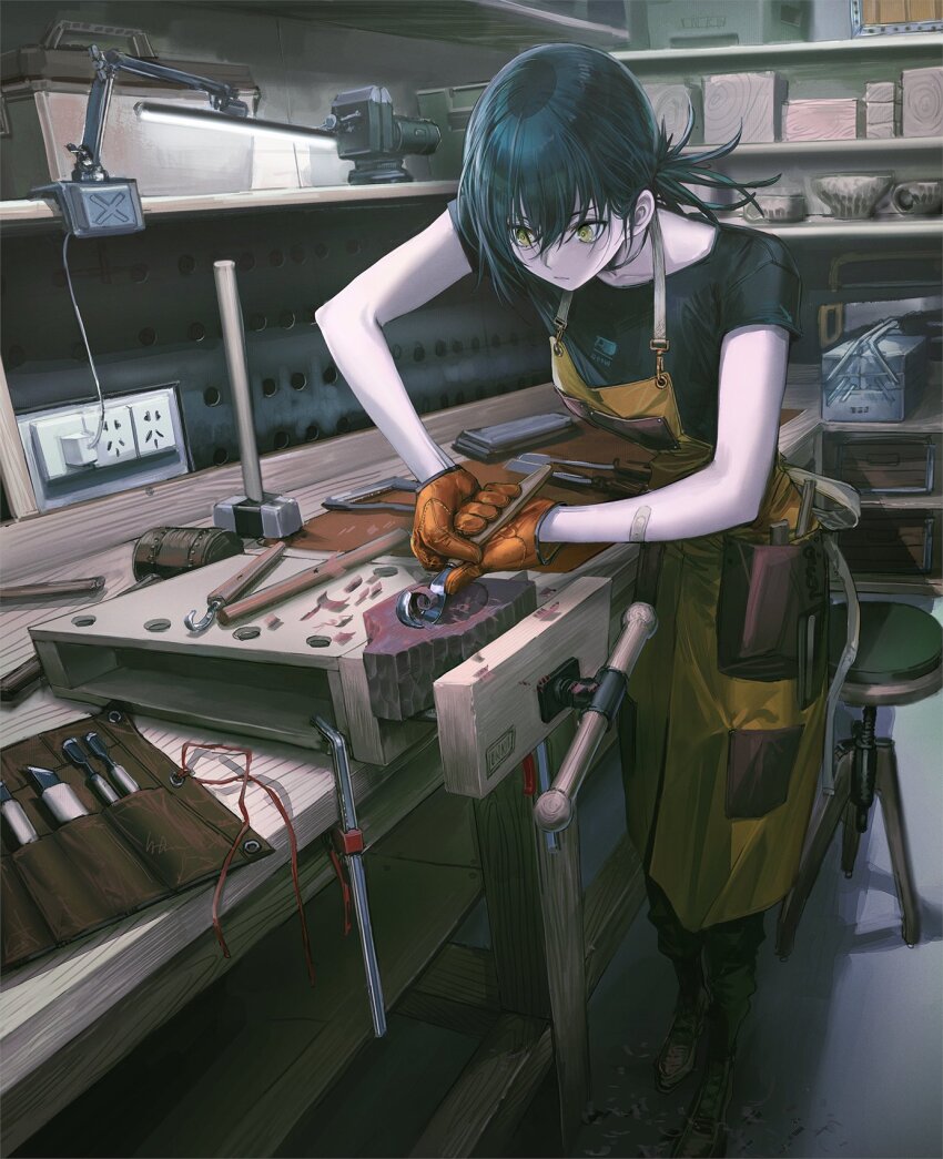1girl apron bandaid bandaid_on_arm black_choker black_hair black_shirt brown_gloves cabinet carpenter choker choppy_bangs desk electrical_outlet fluorescent_lamp gloves green_eyes hacksaw highres infukun mallet original saw shirt stool wood_carving_knife wood_carving_tool wooden_bowl yellow_apron