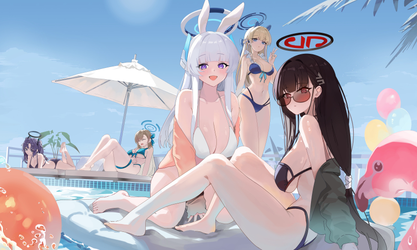 5girls :d ^_^ absurdres ass asuna_(blue_archive) ball balloon bare_shoulders barefoot bikini bilingual_commentary black_bikini blonde_hair blue_archive blue_bikini blue_sky blue_streaks blunt_bangs blush breasts butt_crack chinese_commentary cleavage closed_eyes cloud commentary_request day hair_ornament hairclip halo highres inflatable_flamingo large_breasts long_hair looking_at_viewer lying mixed-language_commentary multiple_girls navel noa_(blue_archive) off_shoulder on_stomach open_mouth orblack outdoors parasol pool purple_eyes red_eyes ringed_eyes rio_(blue_archive) sitting sky smile sunglasses swimsuit toki_(blue_archive) umbrella v white_bikini white_hair yuuka_(blue_archive)