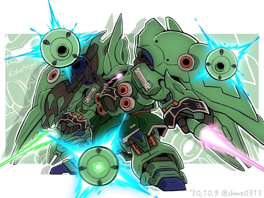 artist_name energy_sword character_name chibi dated dual_wielding glowing glowing_eye gundam gundam_unicorn holding holding_sword holding_weapon kshatriya mecha no_humans one-eyed pink_eyes robot shokkaa_(shmz61312) solo sword weapon