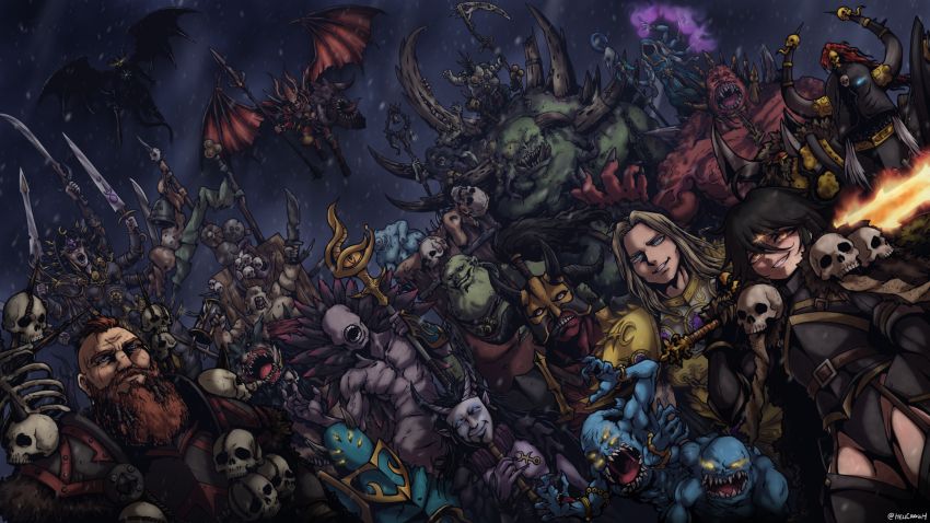 1girl 2boys 6+others :d absurdres archaon_the_everchosen armor artist_name beard black_cape black_hair blonde_hair blue_eyes brown_hair cape chaos_(warhammer) character_request dagger demon demon_horns demon_tail demon_wings dual_wielding evil_grin evil_smile extra_arms facial_hair fake_horns fingernails fire flaming_sword flaming_weapon flying full_armor full_body genderswap genderswap_(mtf) grin hellcross_(dkrejd2000) helmet highres holding holding_dagger holding_knife holding_scythe holding_staff holding_sword holding_weapon horned_helmet horns khorne knife long_beard long_hair mask monster multiple_boys multiple_others night night_sky no_eyes nurgle open_mouth outdoors pauldrons pelvic_curtain scythe sharp_fingernails sharp_teeth shoulder_armor sigvald_the_magnificent skull skull_ornament sky slaanesh slaanesh_(symbol) smile staff sword tail teeth the_masque_of_slaanesh tzeentch warhammer_fantasy weapon wings yellow_eyes