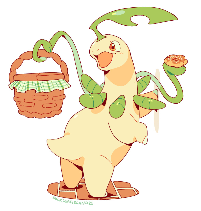 :d absurdres animal_focus artist_name basket bayleef brick_floor clip_studio_paint_(medium) commentary creatures_(company) donut english_commentary food fourleafisland full_body game_freak gen_2_pokemon highres holding holding_basket holding_donut holding_food holding_picnic_basket invisible_wall making-of_available nintendo no_humans open_mouth orange_eyes picnic_basket pokemon pokemon_(creature) simple_background smile solo white_background