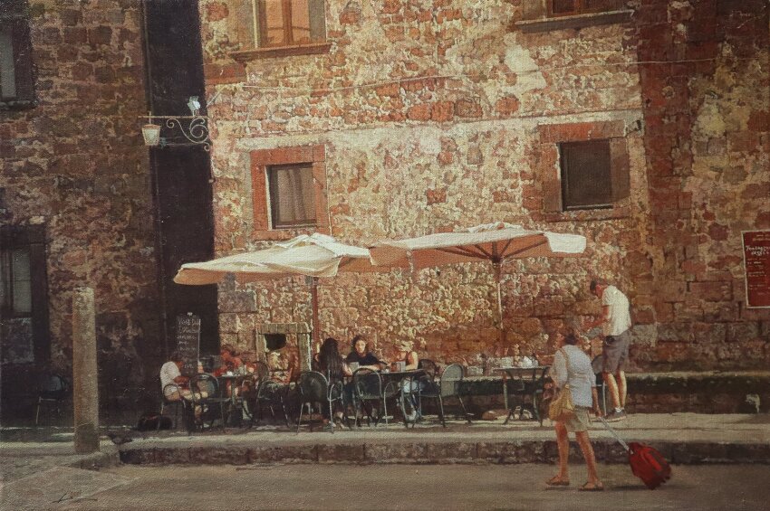 3boys 3girls armchair brick_wall building chair dappled_sunlight day highres multiple_boys multiple_girls naohiro_ito original road scenery shadow street sunlight table umbrella umbrella_stand white_umbrella