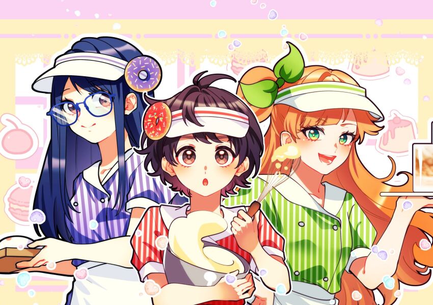 3girls apron blue-framed_eyewear bow brown_eyes buttons closed_mouth commentary_request cup double-breasted dough donut dress drink drinking_glass employee_uniform eyelashes food food-themed_background friends glasses green_eyes hair_bow hat hattori_juri highres holding holding_tray holding_whisk kokuhaku_jikkou_iinkai macaron mixing_bowl multiple_girls nakamura_chizuru open_mouth pink_background popcorn pudding purple_dress purple_hair short_hair short_sleeves side_ponytail smile sophia_pie_12 striped_clothes striped_dress suzumi_hiyori tray upper_body vertical-striped_clothes vertical-striped_dress visor_cap waitress whisk white_apron white_hat yellow_background
