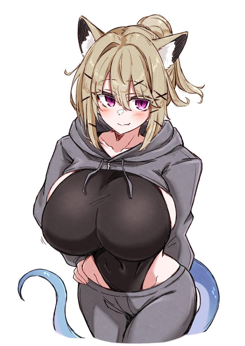 1girl absurdres animal_ear_fluff animal_ears arknights arm_behind_back black_one-piece_swimsuit blonde_hair blue_tail blush breasts closed_mouth collarbone covered_navel cropped_legs drawstring eyes_visible_through_hair groin hair_ornament hairclip hand_on_own_hip highres hood hood_down hooded_shrug huge_breasts leggings long_sleeves looking_at_viewer maiq06 one-piece_swimsuit pink_eyes short_hair shrug_(clothing) simple_background smile solo standing swimsuit tail utage_(arknights) white_background x_hair_ornament
