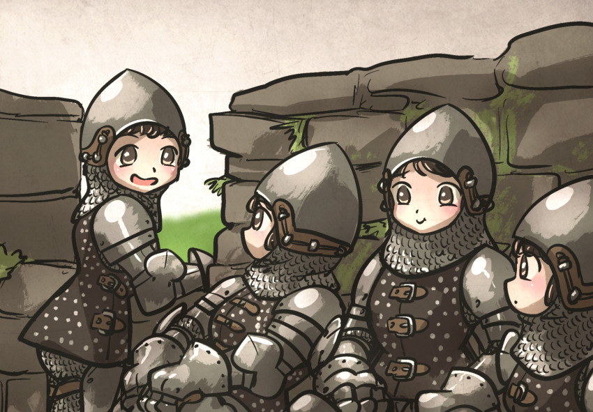 4girls armor aventail bascinet battlement blush brown_eyes brown_hair chainmail commentary couter cuirass english_commentary gauntlets highres ironlily layered_armor leather_armor looking_at_another monty_python monty_python_and_the_holy_grail moss multiple_girls open_mouth ordo_mediare_sisters_(ironlily) parody pauldrons rerebrace shoulder_armor sitting standing stifled_laugh stone_wall vambraces