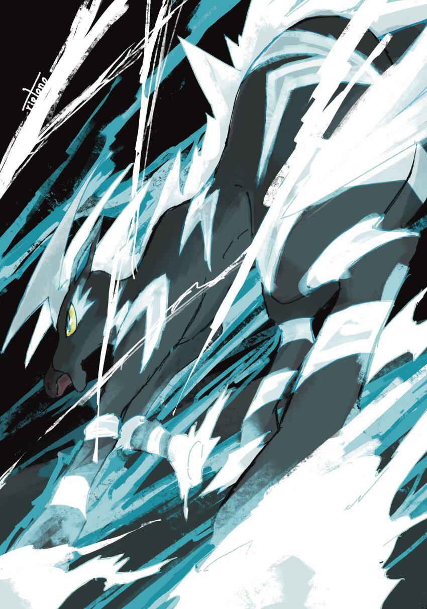 absurdres black_fur blue_eyes colored_sclera electricity from_below gen_5_pokemon glowing highres horse lightning_bolt_print lightning_bolt_symbol mane nintendo no_humans open_mouth pokemon pokemon_(creature) pokemon_focus riotono_0643 solo striped_fur white_fur yellow_sclera zebstrika