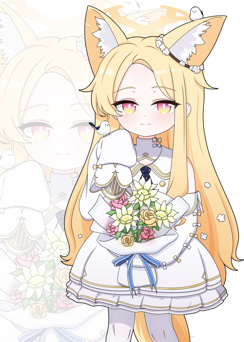 1girl absurdres animal_ear_fluff animal_ears bird black_neckerchief blonde_hair blue_archive blush closed_mouth commentary dress flower fox_ears fox_girl fox_tail halo highres holding holding_flower long_hair looking_at_viewer multicolored_eyes neckerchief seia_(blue_archive) sleeves_past_fingers sleeves_past_wrists tail tit_(bird) tonghua_sakana white_background white_dress white_sleeves yellow_halo