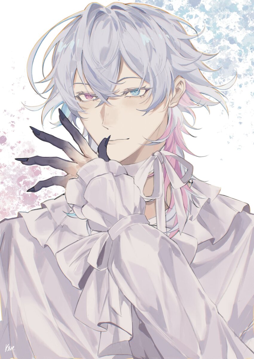1boy black_nails blue_eyes blue_hair frilled_sleeves frills gavis_bettel gradient_skin grey_hair heterochromia highres holostars holostars_english kxve00248 long_sleeves male_focus medium_hair multicolored_hair neck_ribbon pink_eyes pink_hair ribbon shirt smile solo virtual_youtuber white_ribbon white_shirt