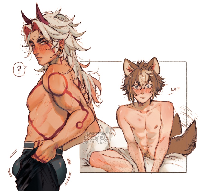 2boys ? abs absurdres animal_ears arataki_itto ass_lift bed blue_male_underwear blush body_markings bodypaint border brown_hair brown_pubic_hair bulge bulge_lift cawchan closed_mouth colored_inner_hair couple dog_boy dog_ears dog_tail dressing earrings facepaint from_side genshin_impact gorou_(genshin_impact) hair_between_eyes highres horns i&#039;ve_never_seen_a_guy_recreate_this_successfully_tbh_(meme) implied_nudity jewelry long_hair looking_at_another male_focus male_pubic_hair male_underwear meme multicolored_hair multiple_boys navel_hair nipples nose nude on_bed oni open_pants outside_border pants pants_lift pectorals pubic_hair red_eyes red_hair red_horns simple_background streaked_hair surprised tail toned toned_male topless_male undersized_clothes underwear white_background white_hair yaoi