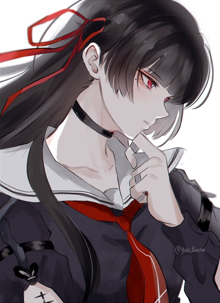 1girl black_choker black_hair black_shirt chisa_(wuthering_waves) choker collarbone commentary_request hair_ribbon hand_up highres long_hair long_sleeves looking_ahead mole mole_under_eye neckerchief parted_lips red_eyes red_neckerchief red_ribbon ribbon sailor_collar shirt simple_background solo twitter_username upper_body white_background white_sailor_collar wu_yuuri wuthering_waves